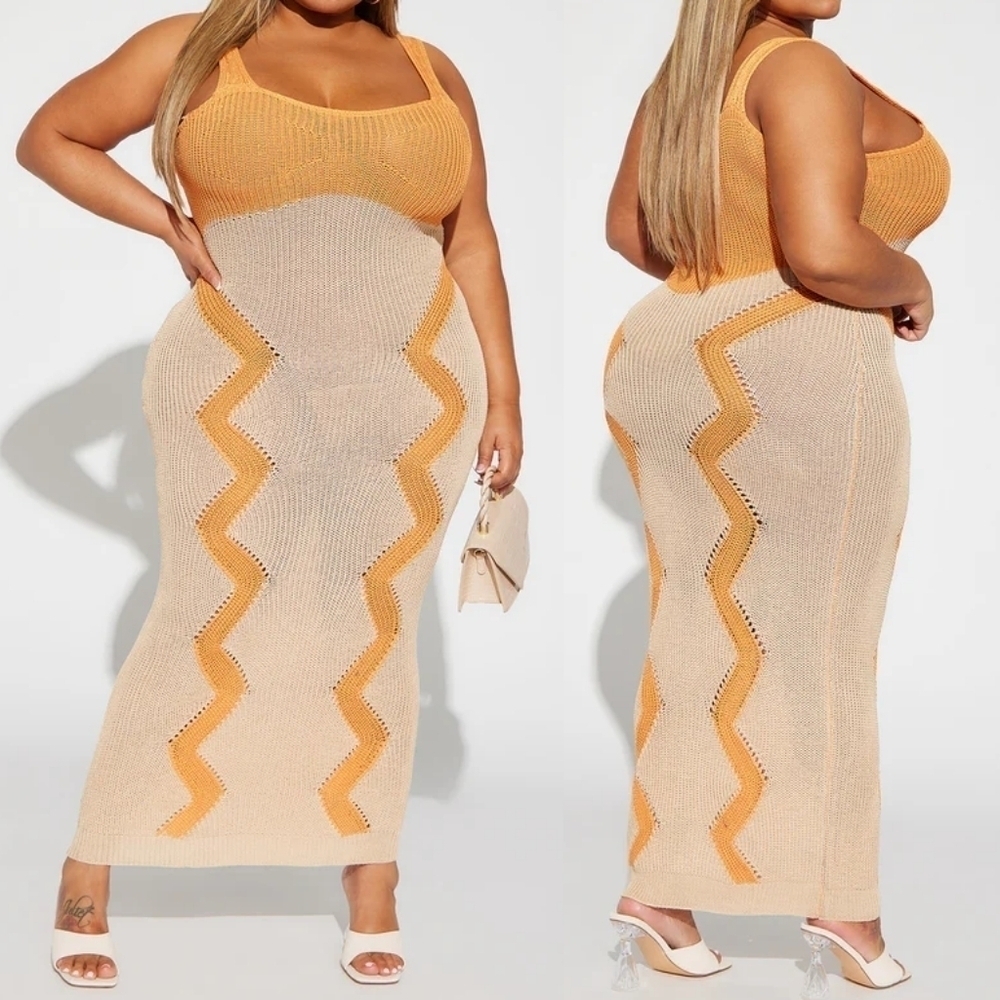 Fashion Nova NWT Magnifying Crush Orange Combo Crochet Maxi Dress Beachy Boho